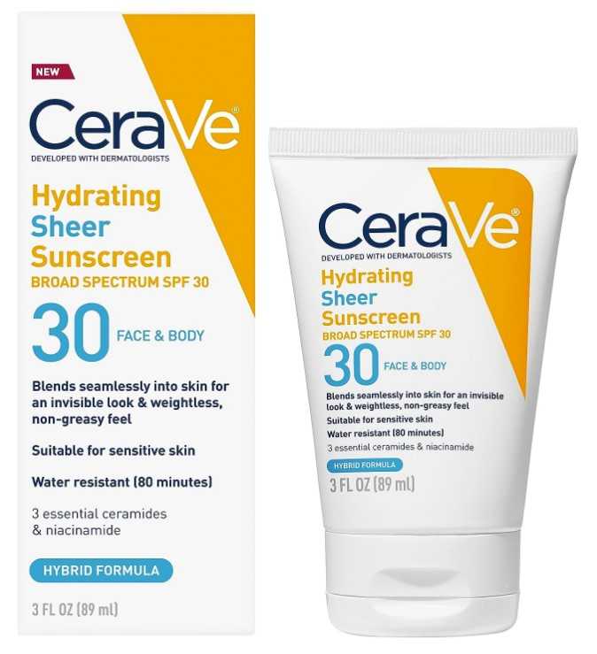 
CeraVe Hydrating Sheer Sunscreen SPF 30 for Face and Body | Mineral & Chemical Sunscreen with Zinc Oxide, Hyaluronic Acid, Niacinamides and Ceramides